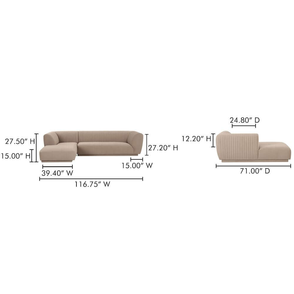 Zandro Channel Tufted Fabric Sectional Chaise Sofa 117" (2 Colors)