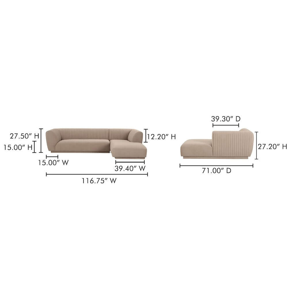 Zandro Channel Tufted Fabric Sectional Chaise Sofa 117" (2 Colors)