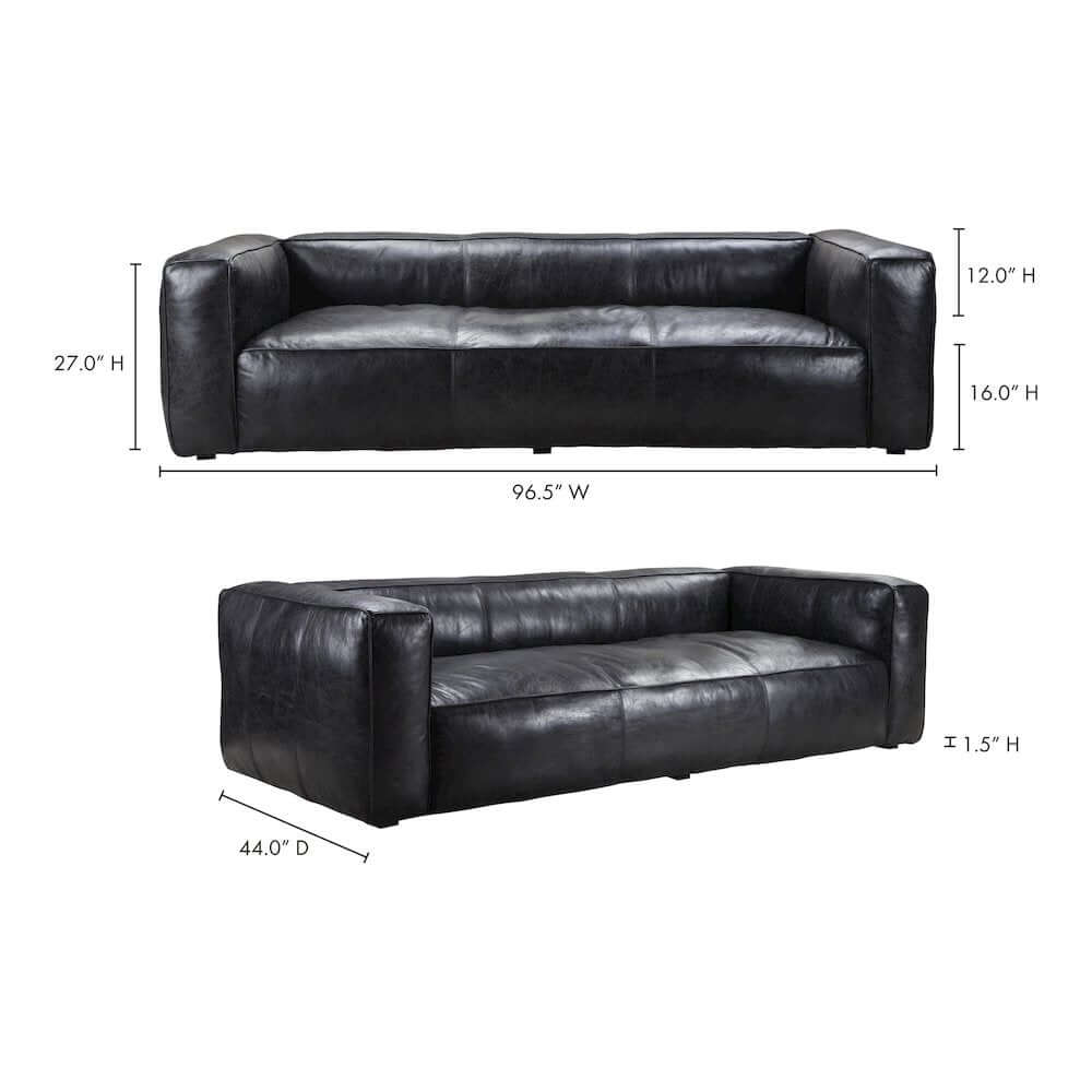 Kirby Luxury Black Genuine Leather Sofa 96"