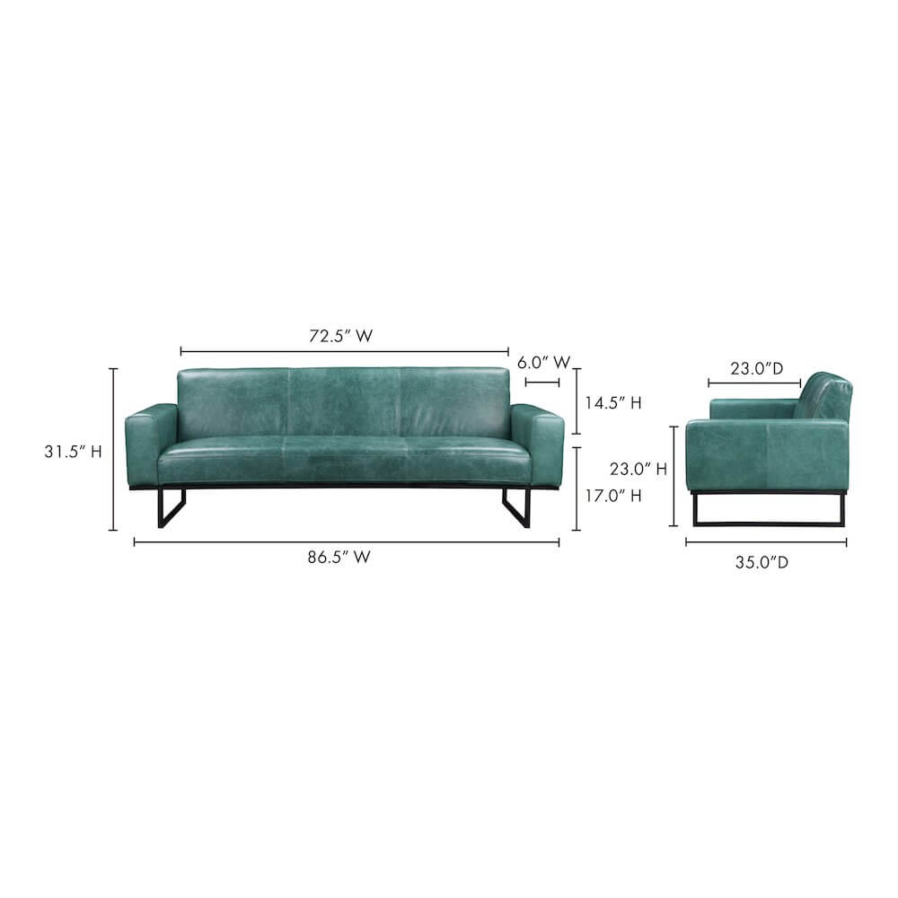 Brock Top Grain Green Leather Sofa 86"