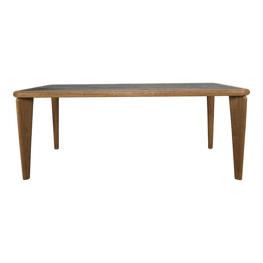 Loden Solid Wood Rectangular Dining Table 76" with unique wood grain, two-tone tabletop, and angled legs for a modern dining area upgrade