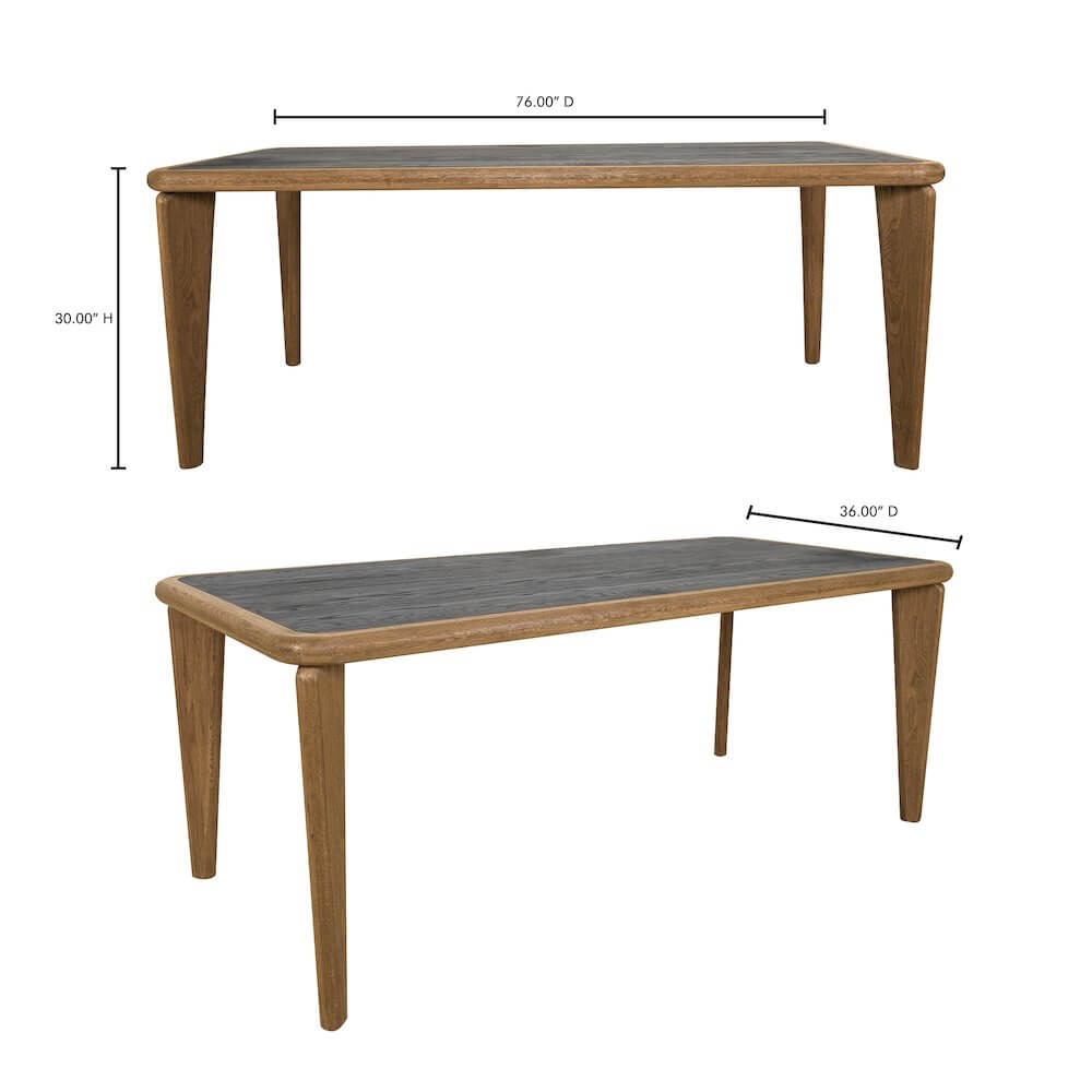 Loden Solid Wood Rectangular Dining Table 76" with unique wood grain, two-tone tabletop, and angled legs for a modern dining room upgrade