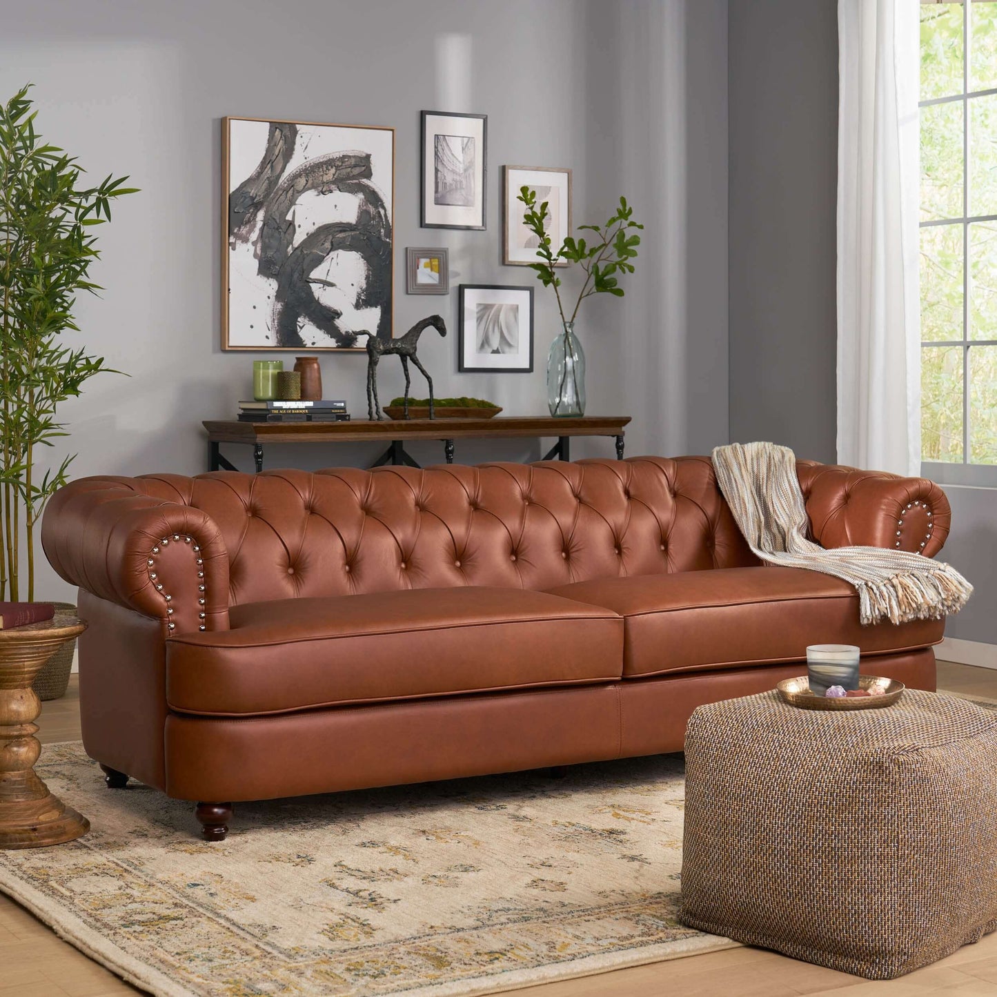 Chesterfield Tufted Rolled Armed Cognac Faux Leather Vinyl 2 Seat Sofa (95")