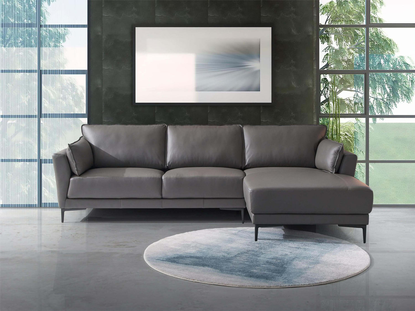 Meka Top Grain Gray Leather Sectional RF Chaise Sofa - Revel Sofa 