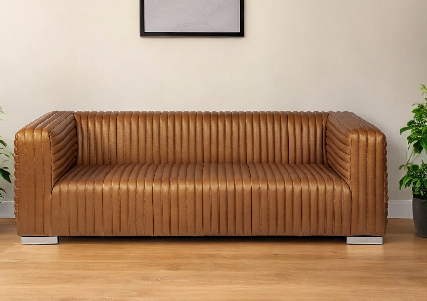 Modern Channel Tufted Genuine Leather Sofa 87”