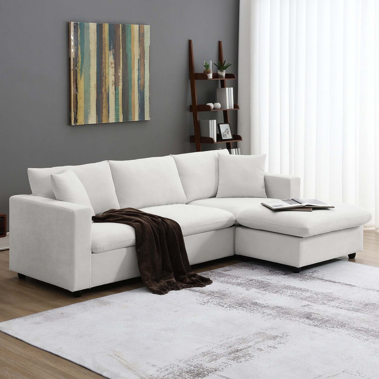 Modern Sectional Chaise Sofa Convertible Ottoman 4 Colors (100")