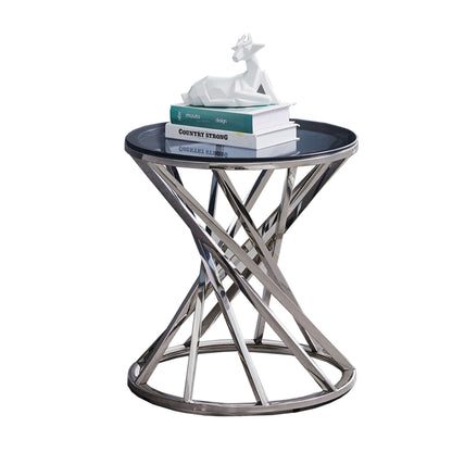 Round Glass-Top Side Table with Dark Tint Tempered Glass & Silver or Gold Stainless Steel Circular Spiral Frame - Revel Sofa 