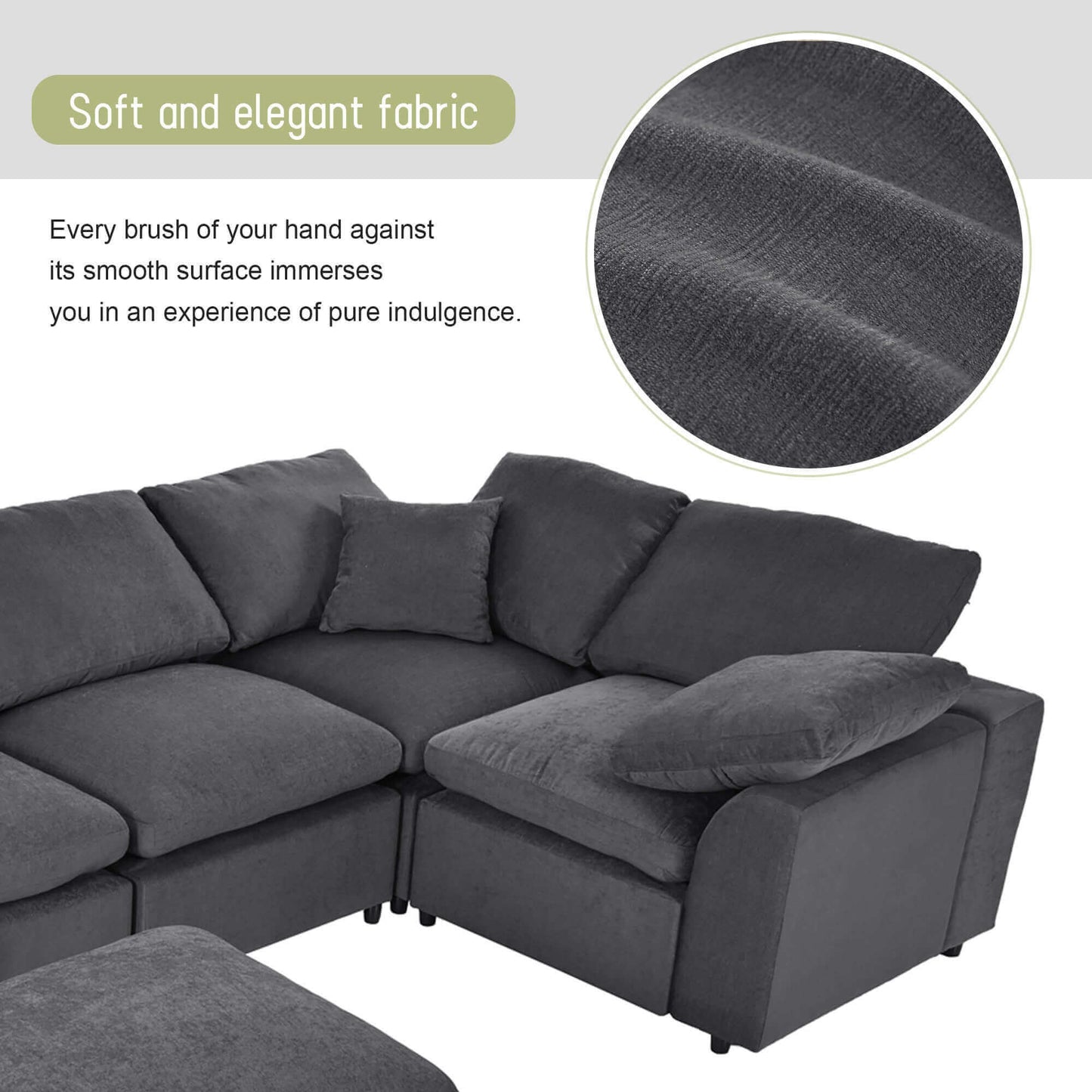 Modern Low Profile Modular U-Shaped Sectional Sofa with Ottoman in Gray or Beige 129" - Revel Sofa 