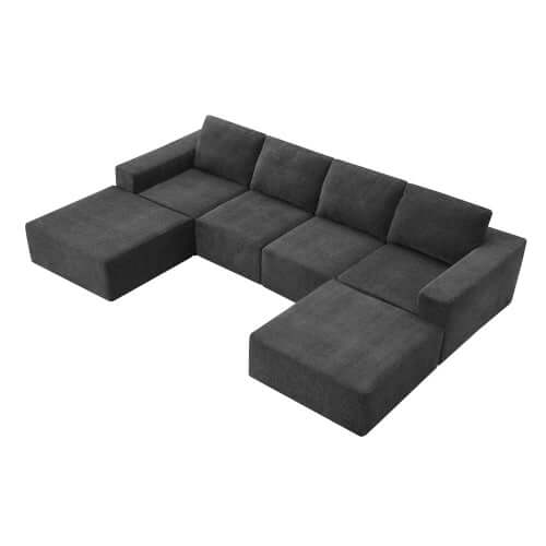 Modular U Shape Dual Chaise Chenille Fabric Sectional Sofa 110" in dark color featuring customizable and plush seating for versatile living spaces