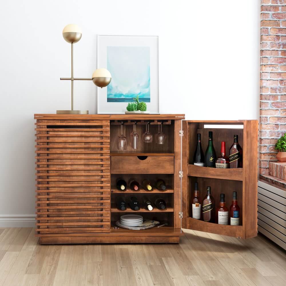 Linea Solid Wood Slatted Bar Wine Cabinet