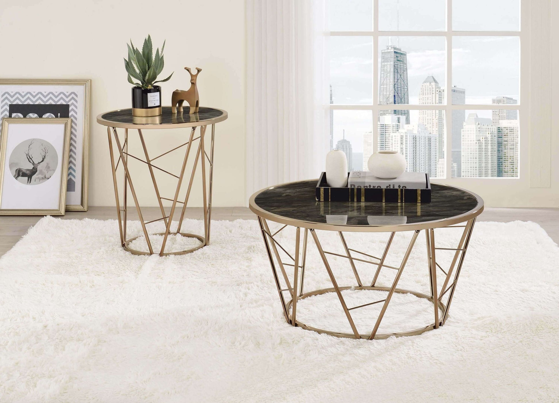 Cicatrix Coffee Table, Faux Black Marble Tempered Glass & Champagne Finish - Revel Sofa 