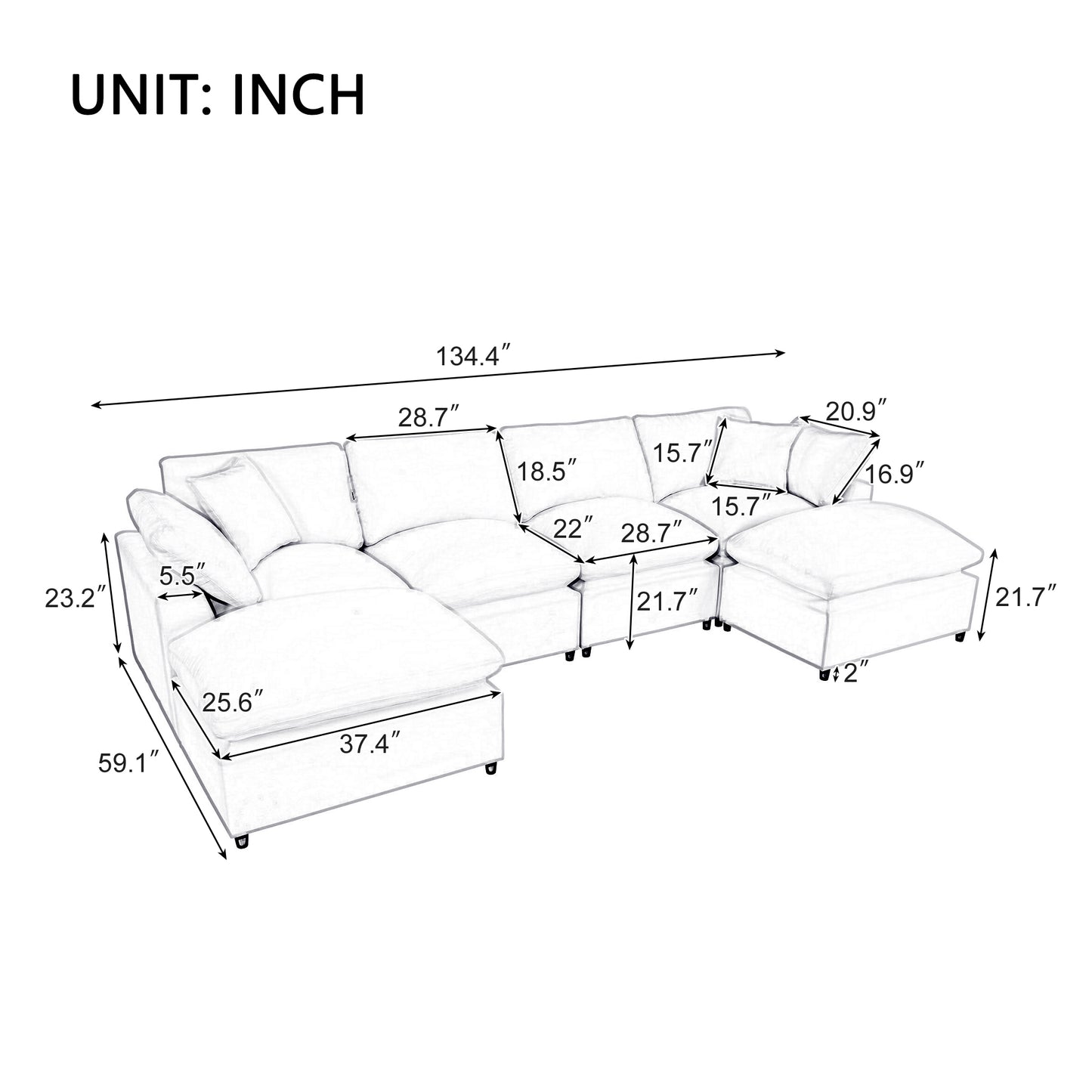 Modern Plush U-Shape Modular 2 Ottoman Sectional Sofa 134" (2 Colors)