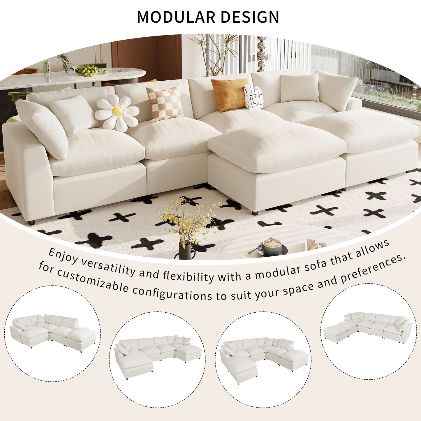 Modern Plush U-Shape Modular 2 Ottoman Sectional Sofa 134" (2 Colors)