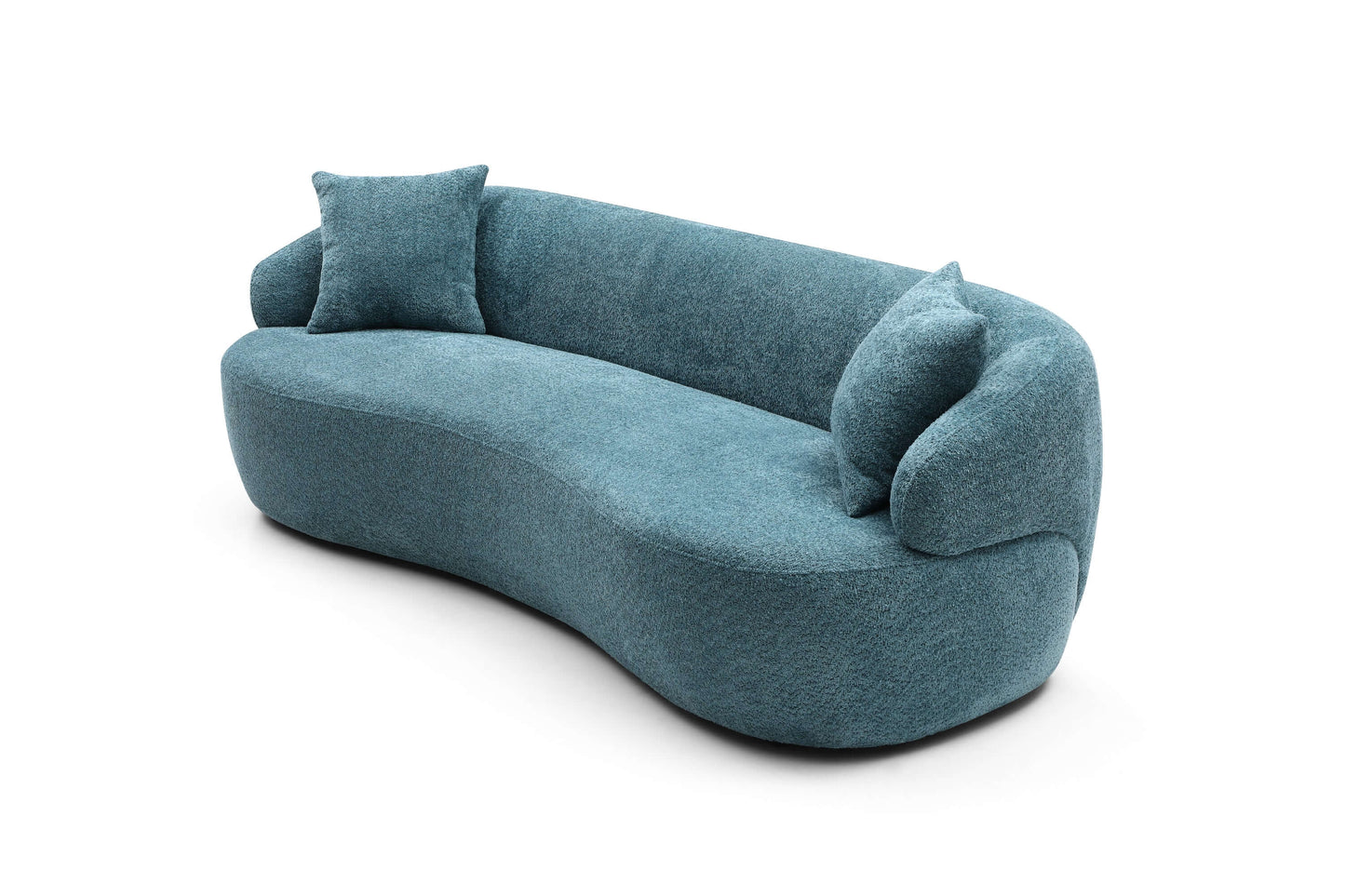 Modern Curved Boucle Fabric 3 Seat Sofa in blue, showcasing its soft upholstery, sophisticated curved silhouette, and two pillows.