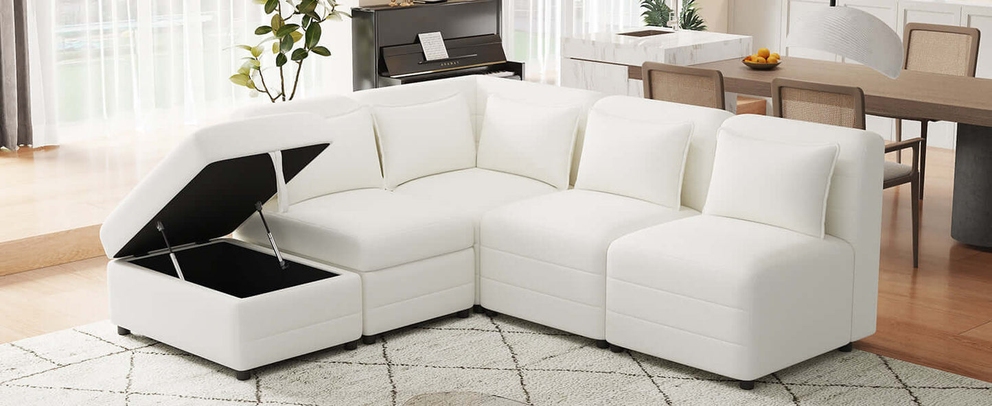 Modular 5pc Sectional Sofa with Storage Ottoman & 5 Throw Pillows - Revel Sofa 