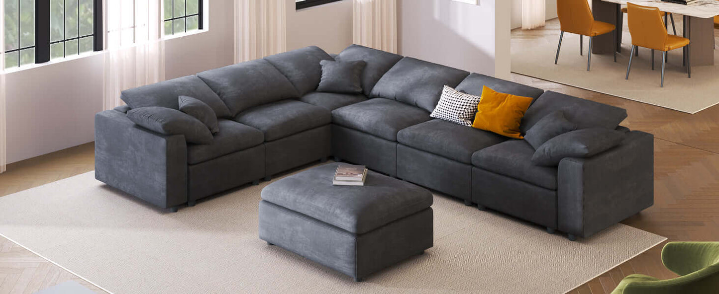 Modern Low Profile Modular U-Shaped Sectional Sofa with Ottoman in Gray or Beige 129" - Revel Sofa 