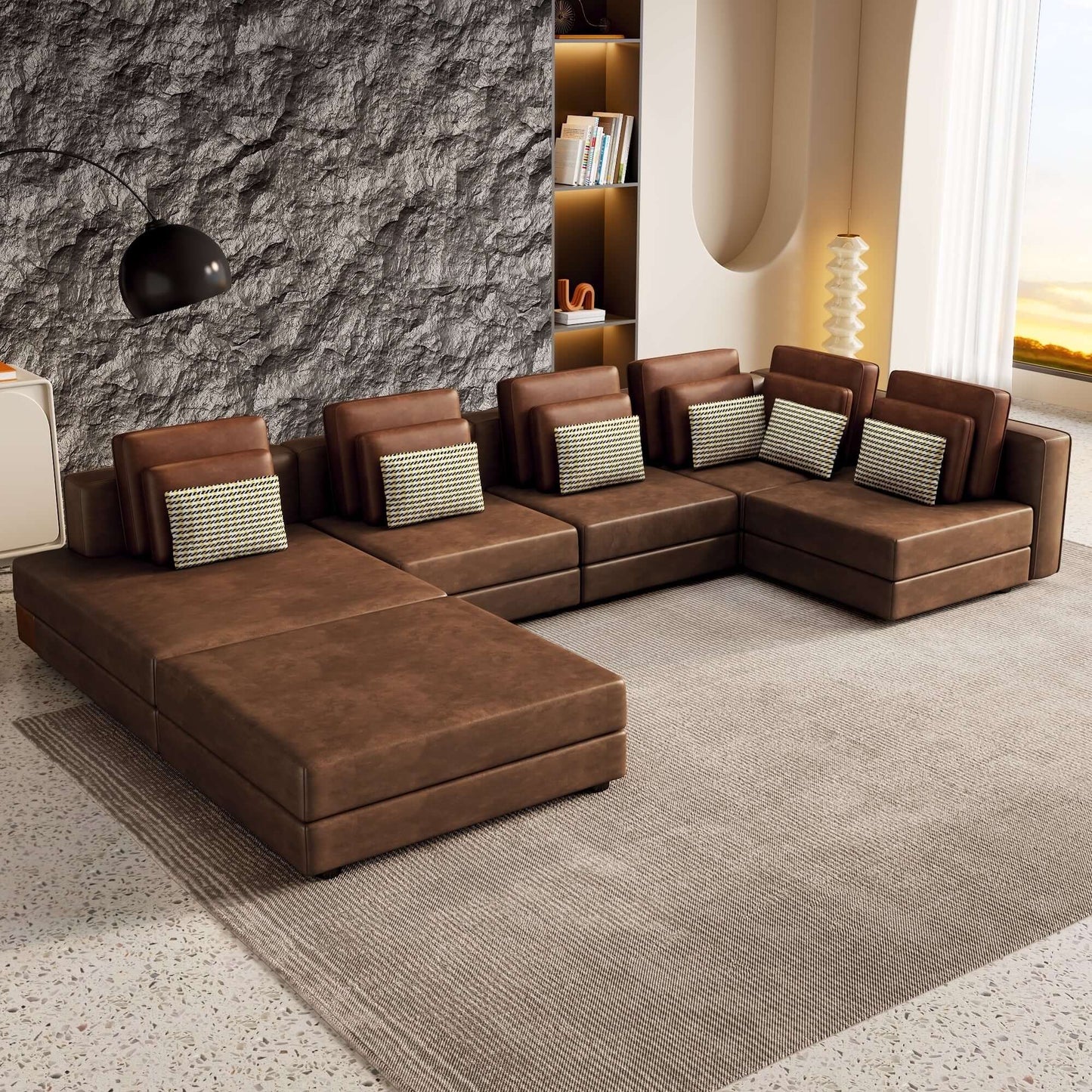 Modular Corner Sectional Sofa with Movable Ottoman in Brown or Black (113")