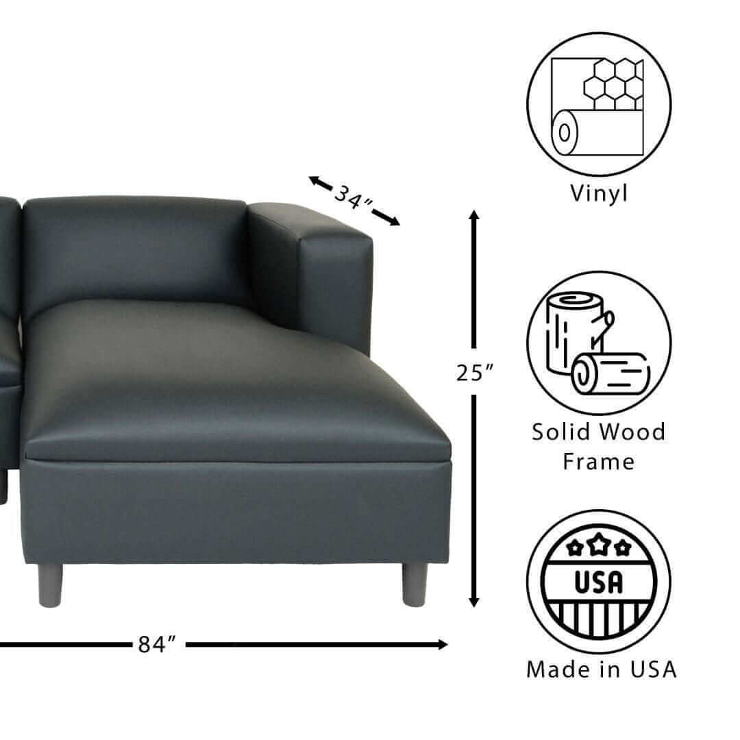 Black Faux Leather Modern L-Shaped Chaise Sofa 84" - Revel Sofa 