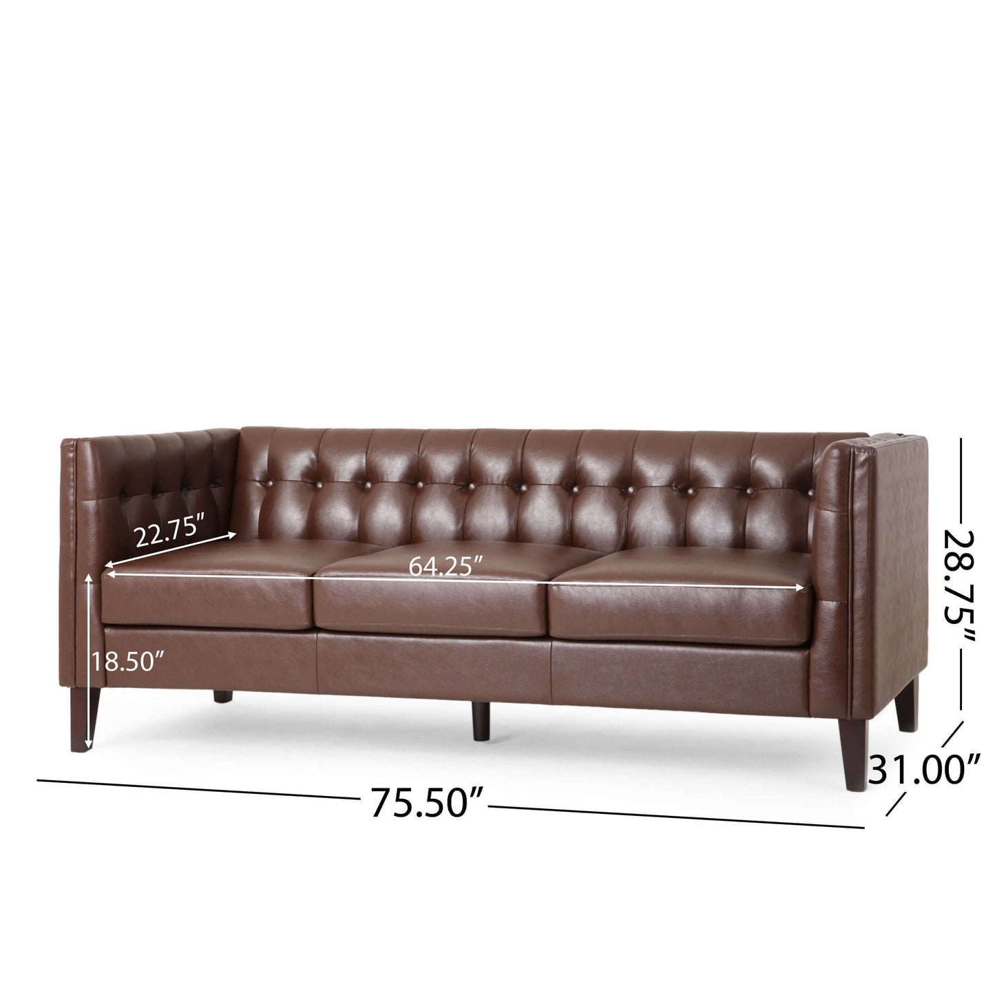 Mirod MCM Tufted Faux Leather 3 Seat Sofa 76"