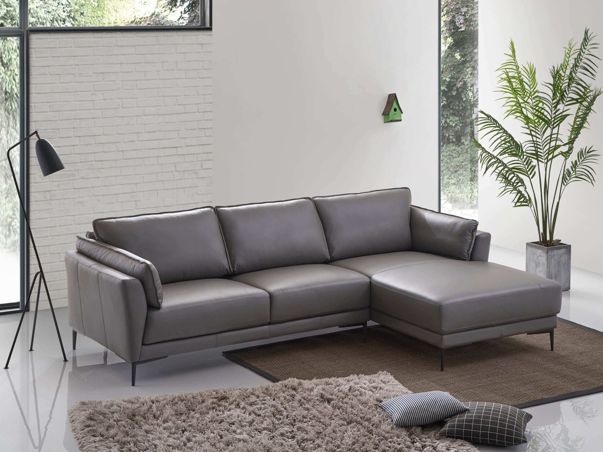 Meka Top Grain Gray Leather Sectional RF Chaise Sofa - Revel Sofa 