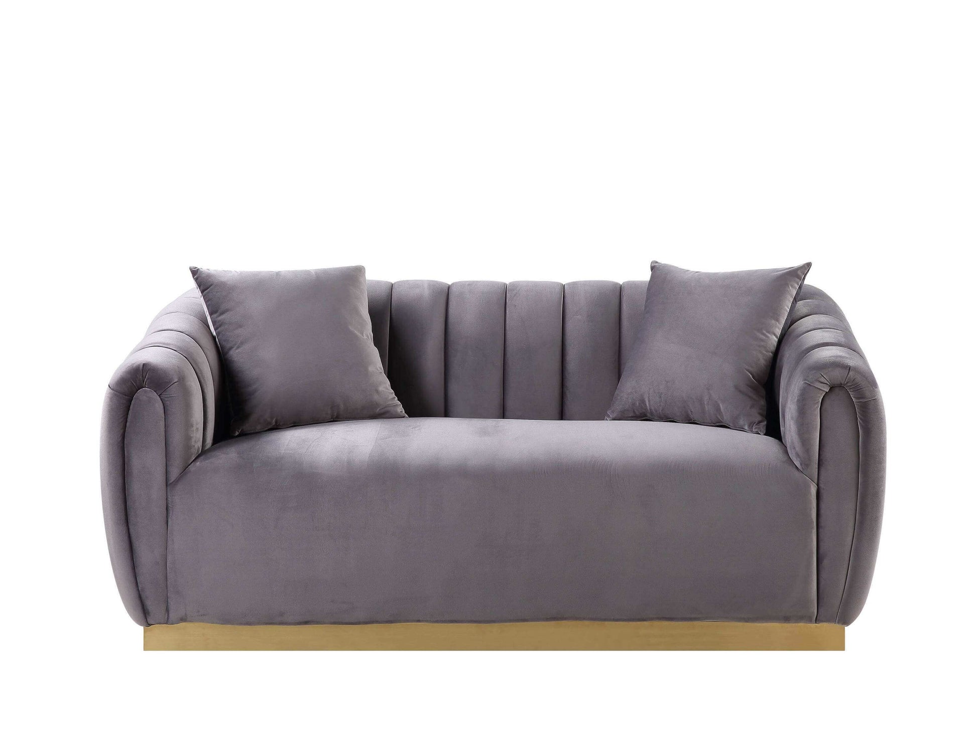 Elchanon Channel Tufted Loveseat w/2 Pillows, Gray Velvet & Gold Base 65" - Revel Sofa 