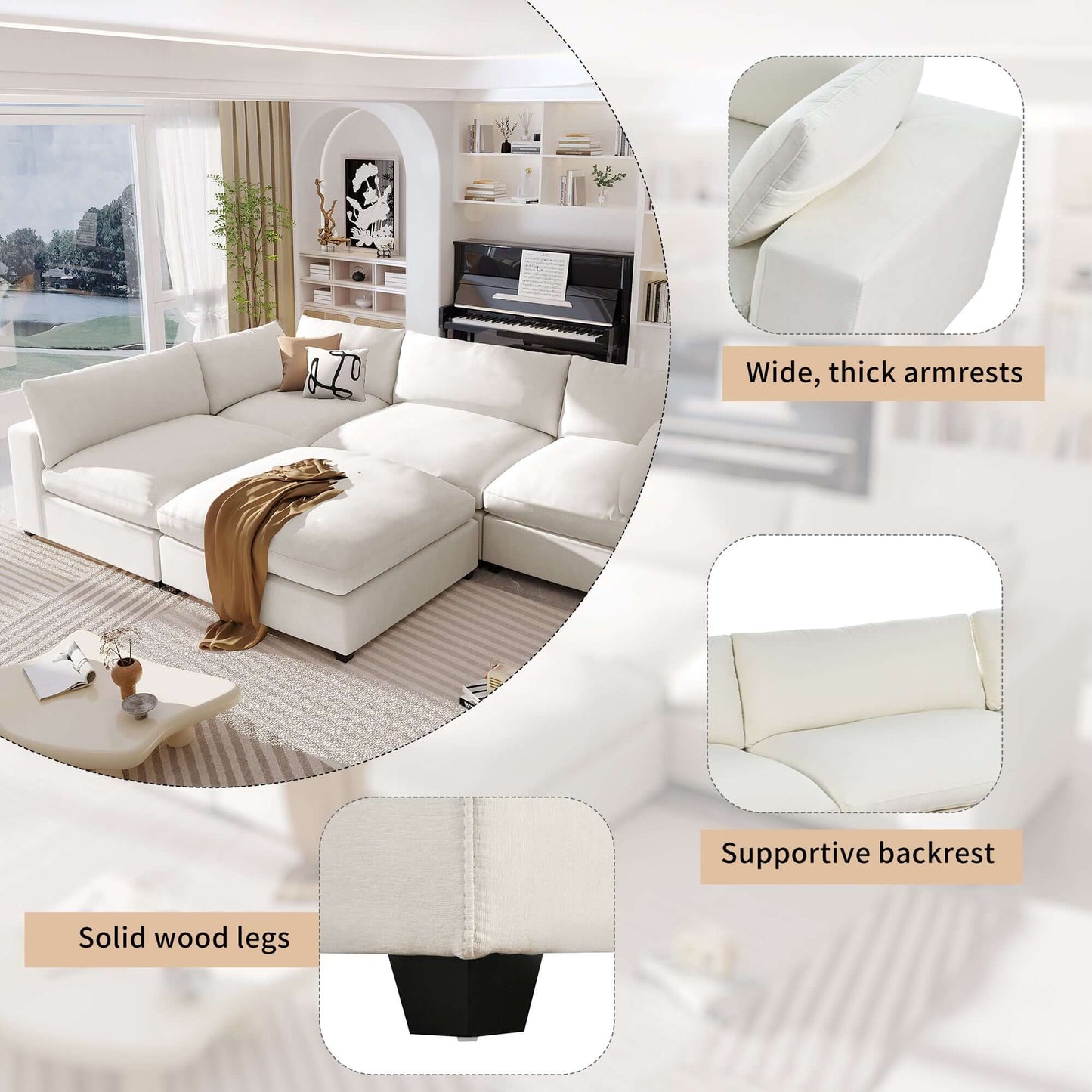 Modular 5 Seat Sectional Cloud Sofa with Ottoman in Beige or Gray (176")