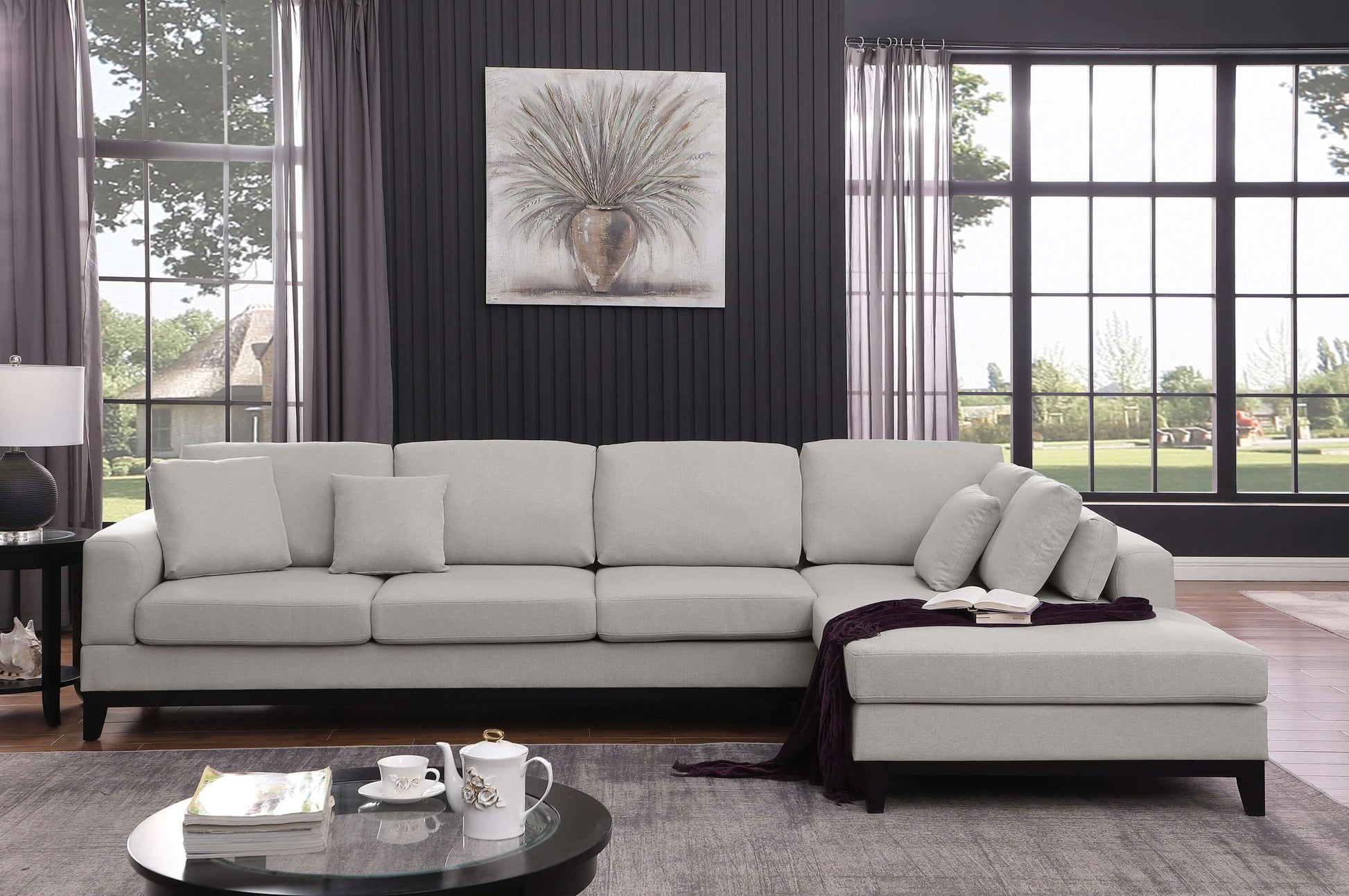 Redford MCM Light Gray Linen Fabric Sectional Sofa with Right Facing Chaise - Revel Sofa 