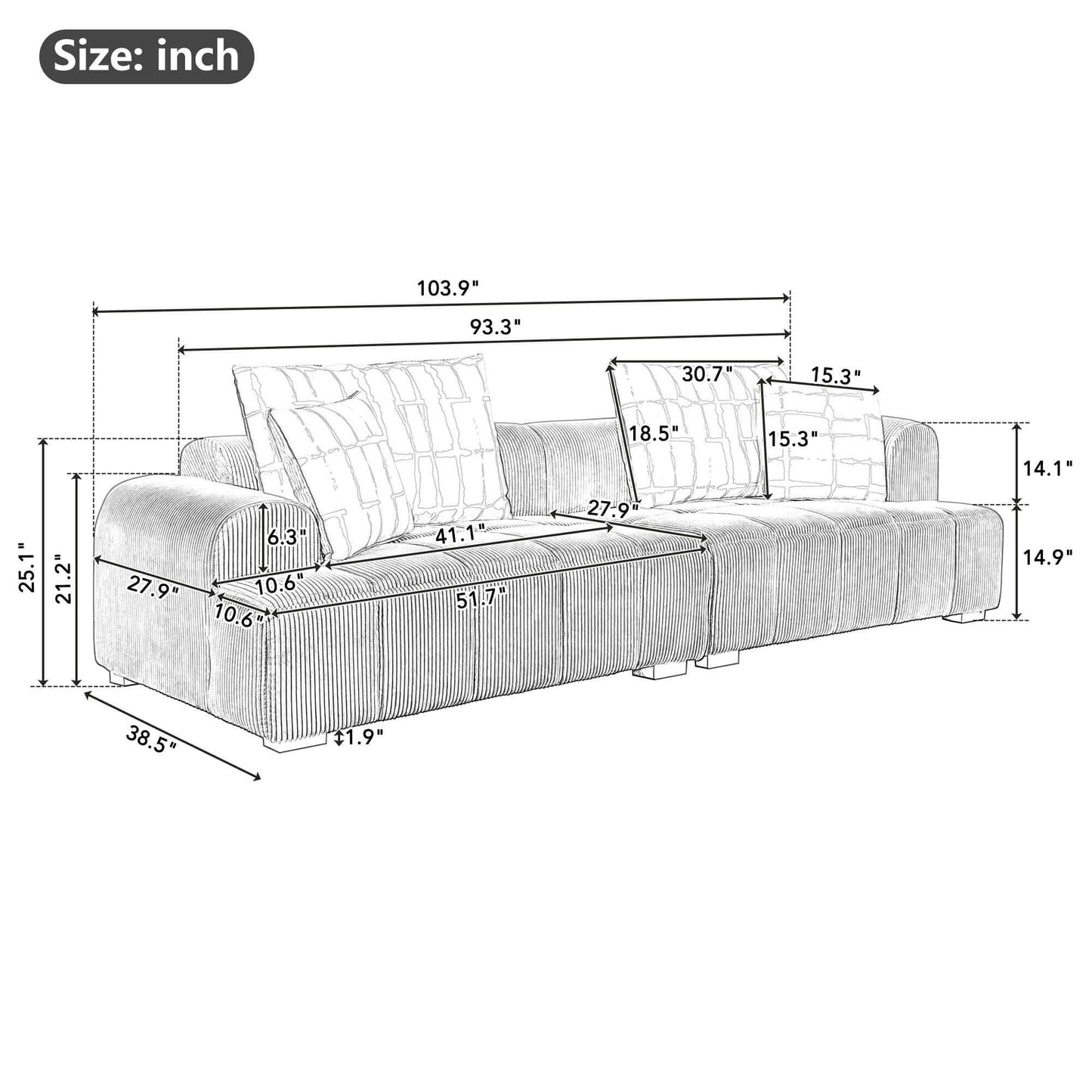 Modern Channel Tufted Corduroy Fabric Sofa 103.9"