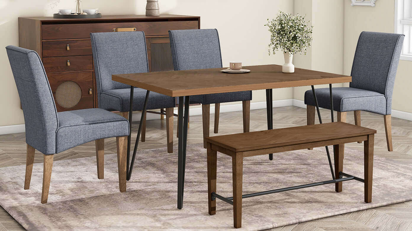 Modern Wood Dining Table Set 6 Pc: Table + 4 Upholstered Chairs + 1 Bench - Revel Sofa 