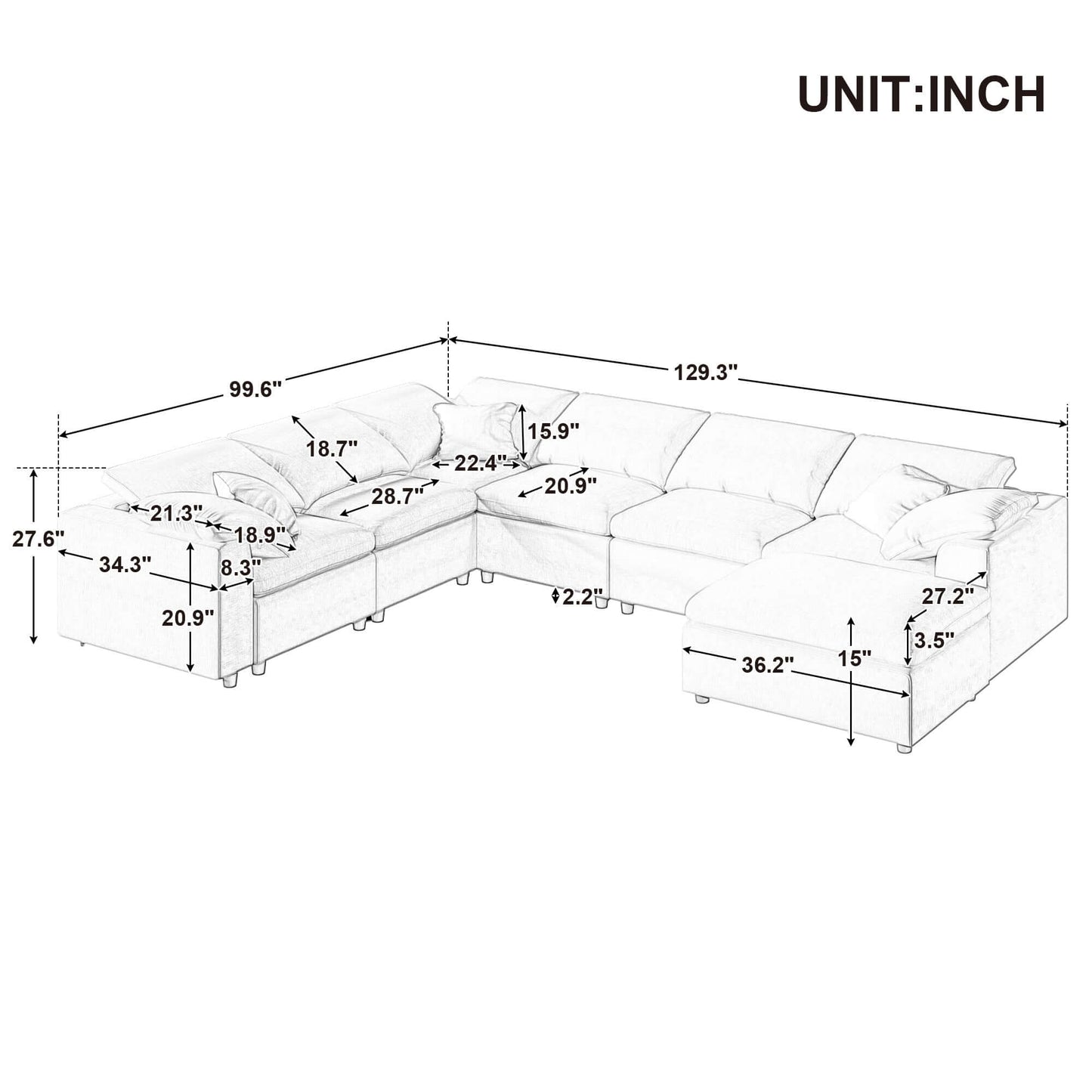 Modern Low Profile Modular U-Shaped Sectional Sofa with Ottoman in Gray or Beige 129" - Revel Sofa 