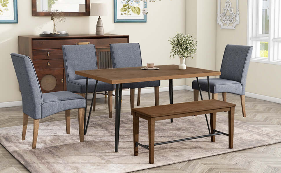 Modern Wood Dining Table Set 6 Pc: Table + 4 Upholstered Chairs + 1 Bench - Revel Sofa 