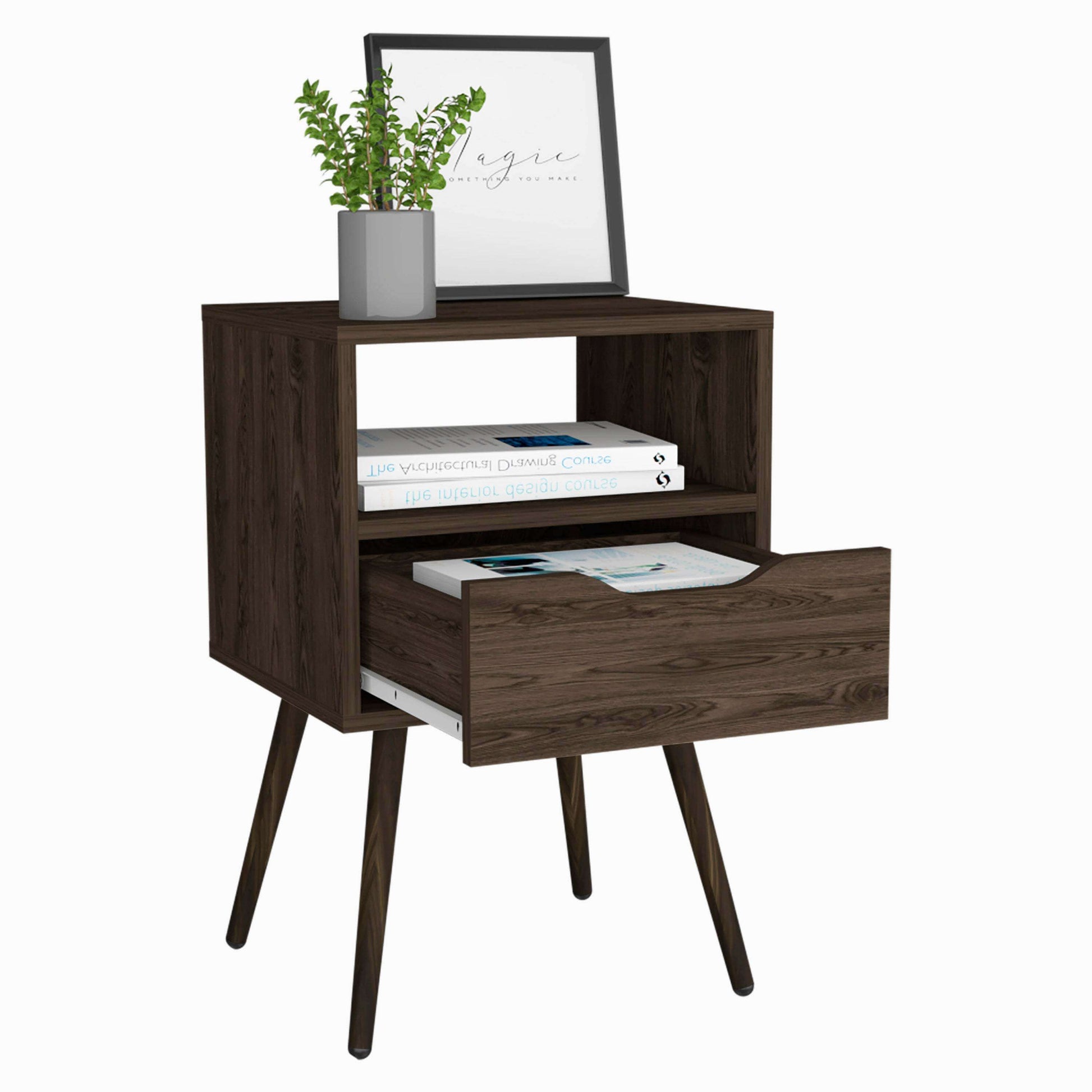 Emma MCM Nightstand - 1 Open Shelf & 1 Drawer, Dark Walnut - Revel Sofa 