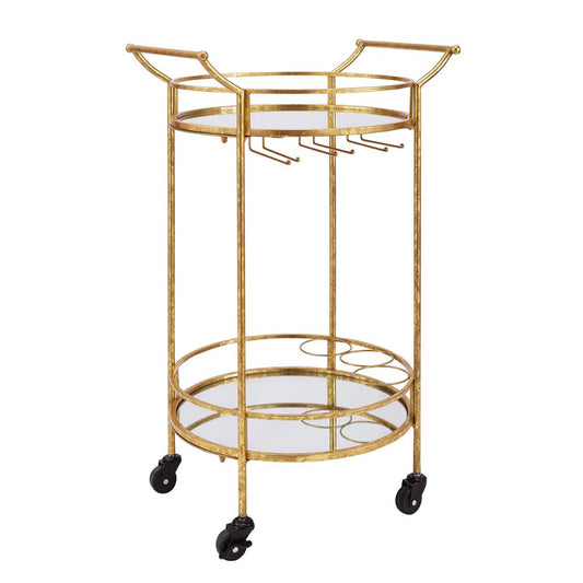 Round Gold Metal Bar Cart 2 Tiered on Wheels