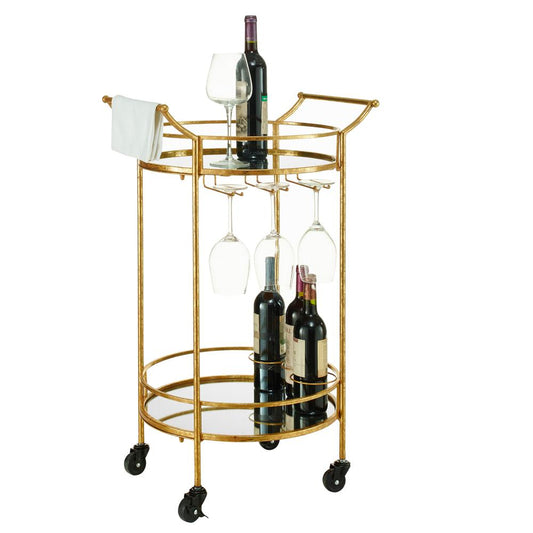 Round Gold Metal Bar Cart 2 Tiered on Wheels