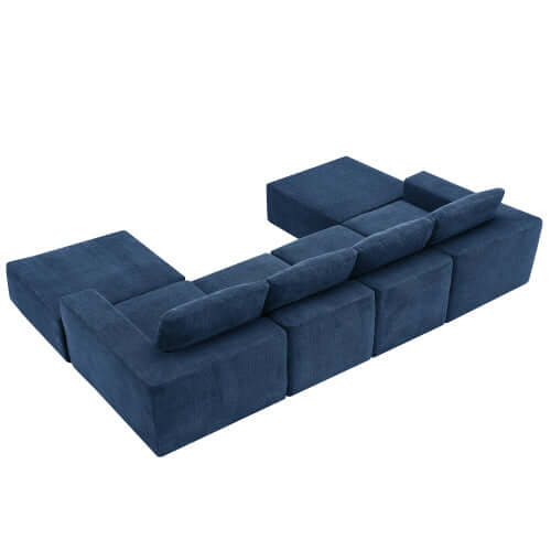 Modular U Shape Dual Chaise Chenille Fabric Sectional Sofa 110" in deep blue color reconfigured into a unique L-shape layout