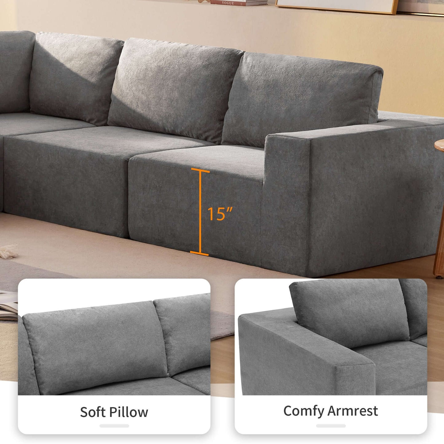 Modern Modular Low Profile Square Arm Corner Sectional Sofa (116")