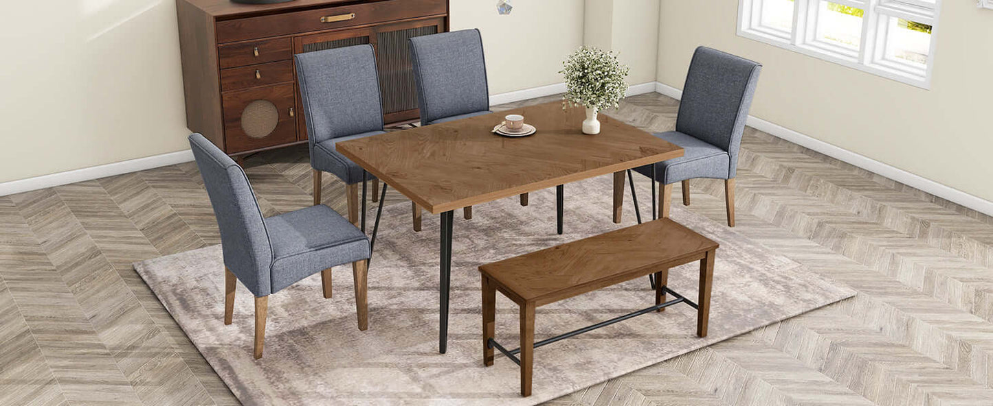 Modern Wood Dining Table Set 6 Pc: Table + 4 Upholstered Chairs + 1 Bench - Revel Sofa 