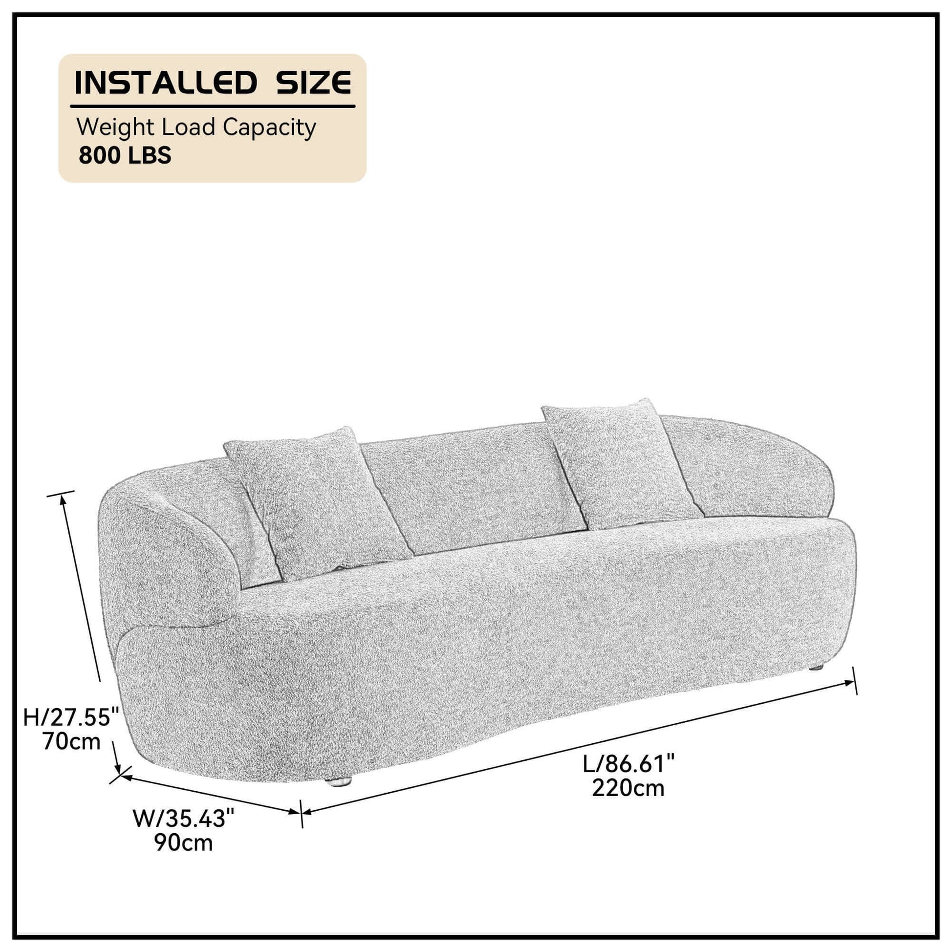 Modern Curved Boucle Fabric 3 Seat Sofa 86" in gray with measurements and weight capacity detailed