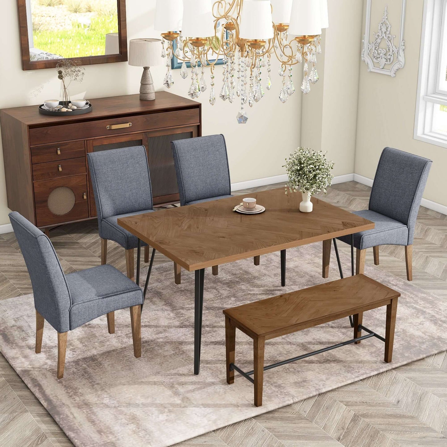 Modern Wood Dining Table Set 6 Pc: Table + 4 Upholstered Chairs + 1 Bench - Revel Sofa 