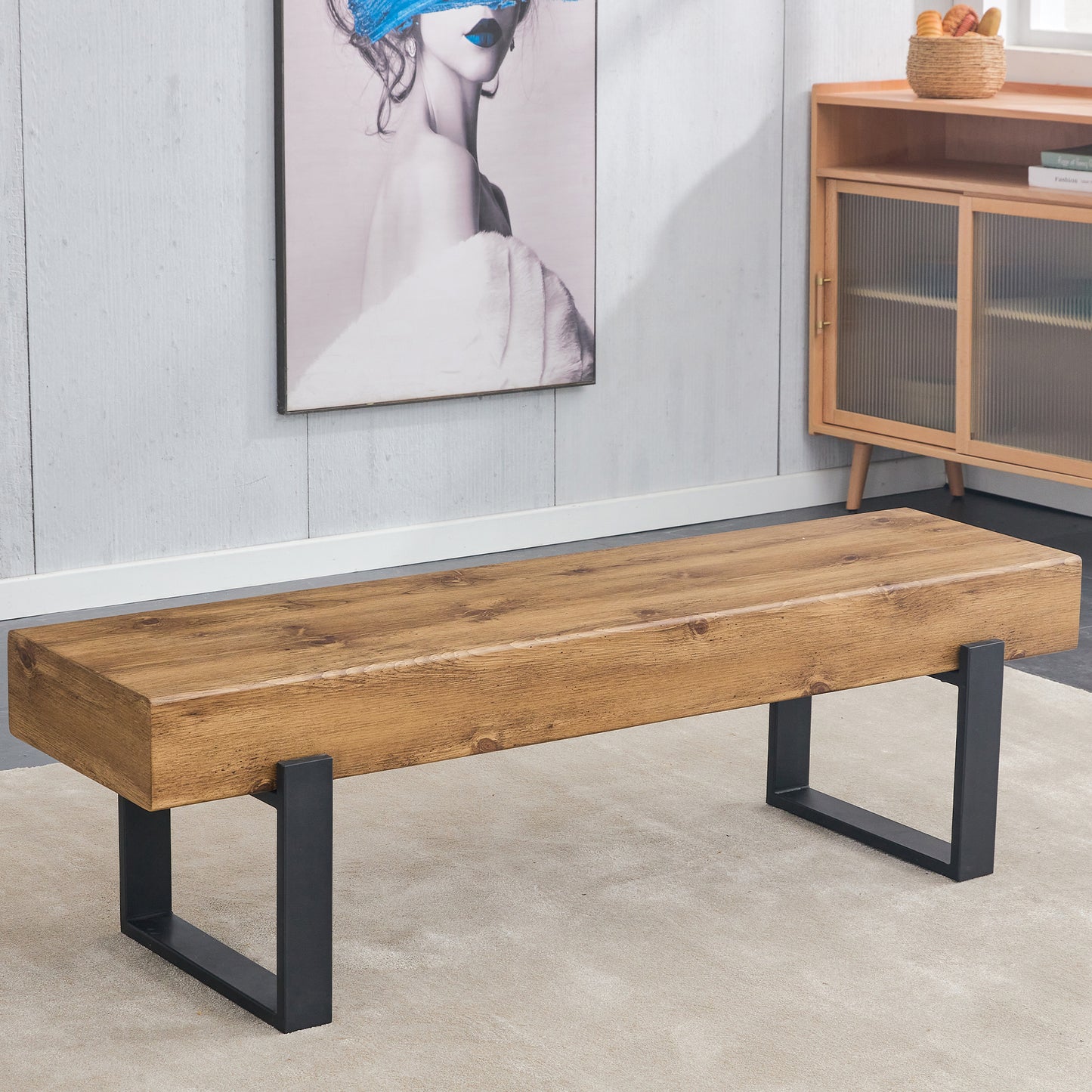 Modern Wood MDF Block Metal Base Bench 59"