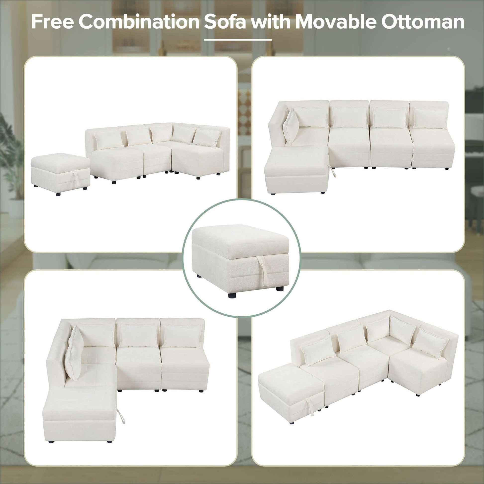 Modular 5pc Sectional Sofa with Storage Ottoman & 5 Throw Pillows - Revel Sofa 