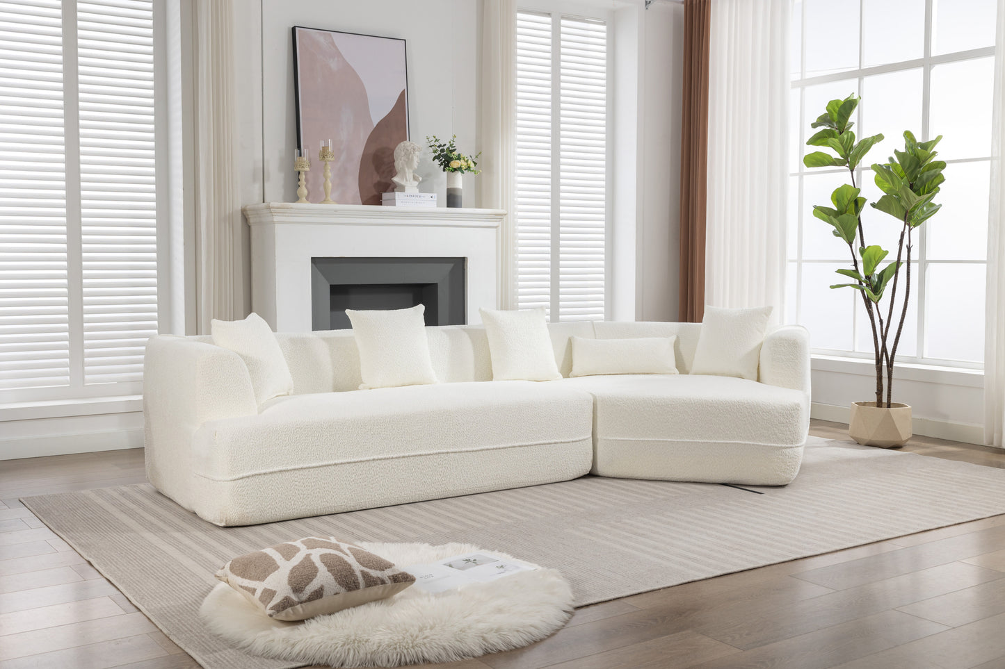 Modular Sectional Modern Minimalist Boucle Sofa, White or Beige 125" - Revel Sofa 