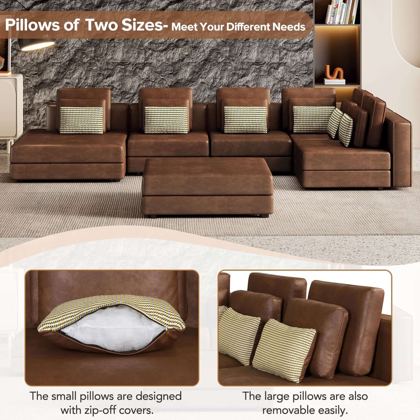 Modular Corner Sectional Sofa with Movable Ottoman in Brown or Black (113")