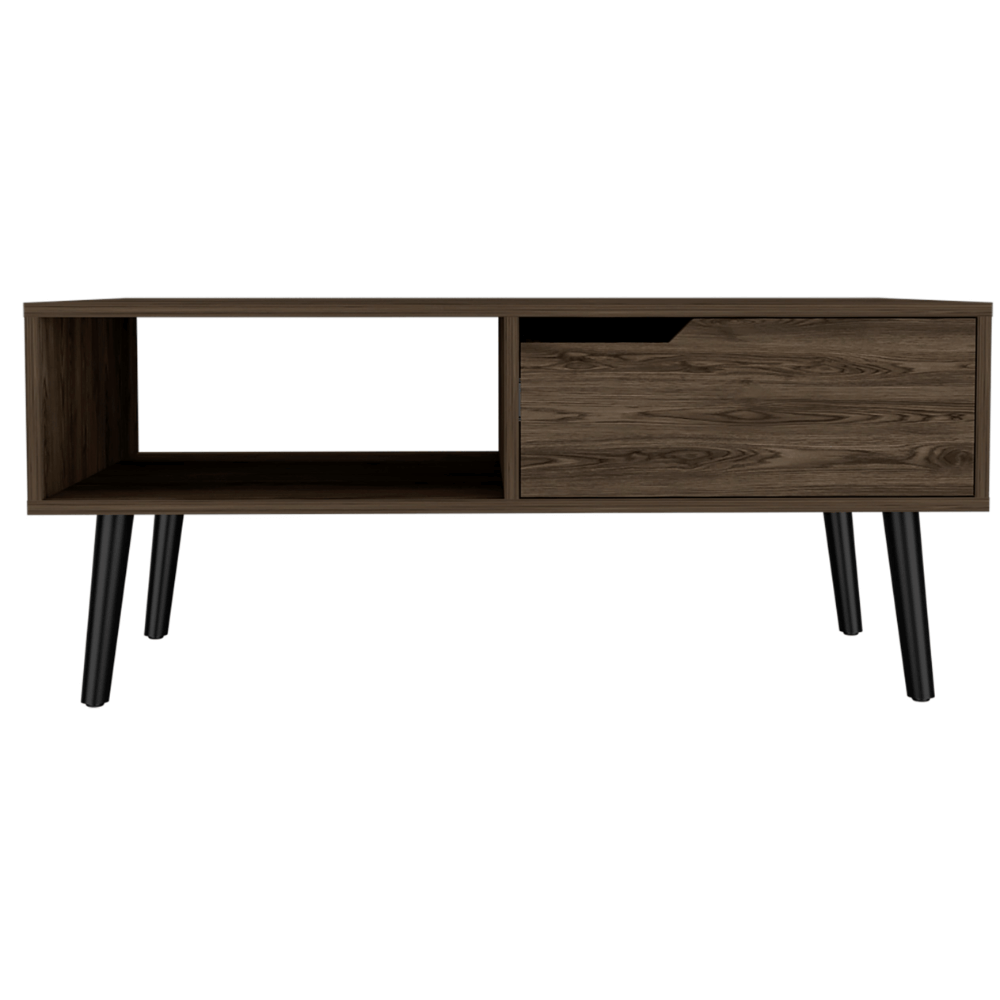 Oslo MCM Wood Coffee Table, 1 Drawer, 1 Shelf in Dark Walnut - Revel Sofa 