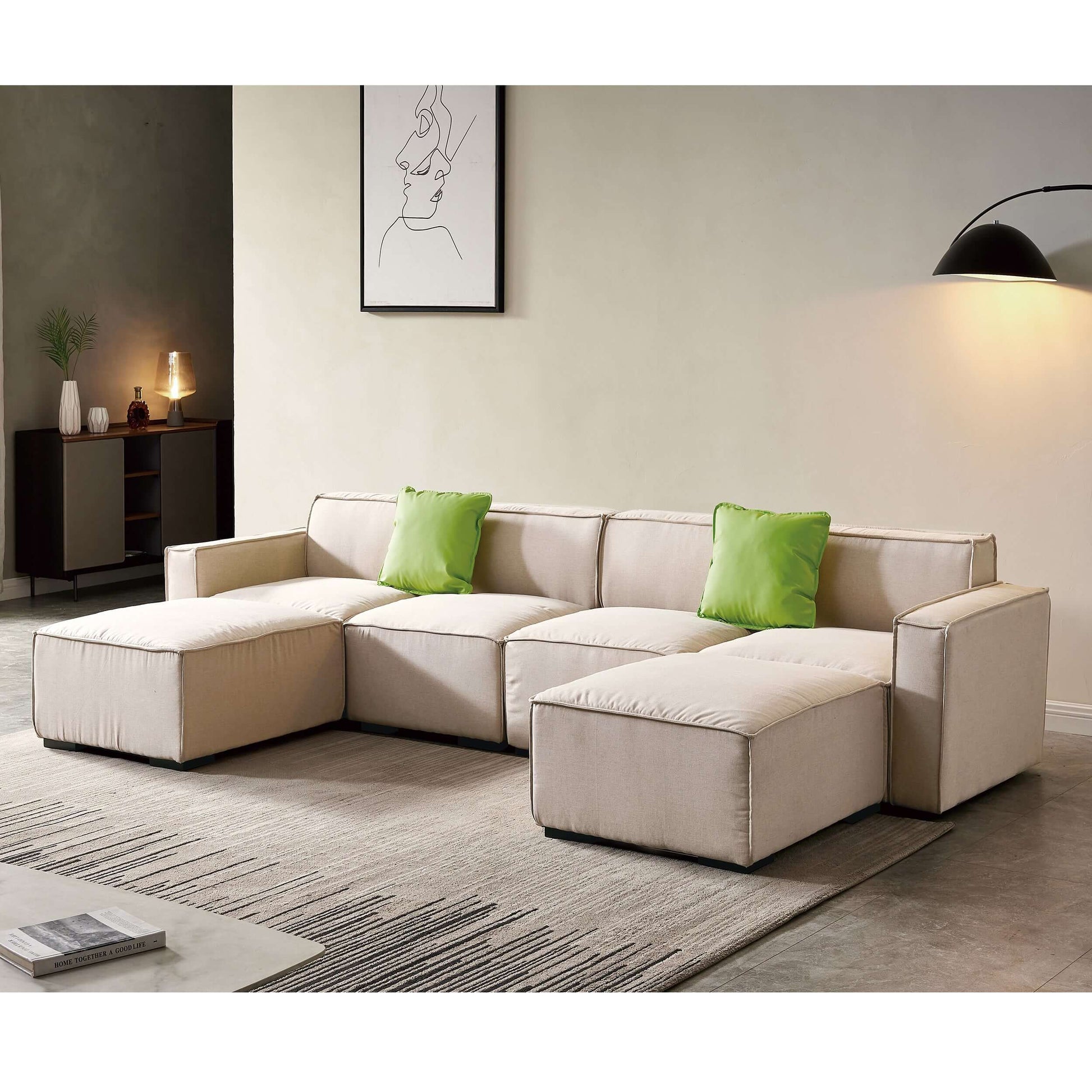 Modern Minimalist Modular U Shape Dual Chaise Sectional Fabric Sofa, Beige or Gray 131" - Revel Sofa 