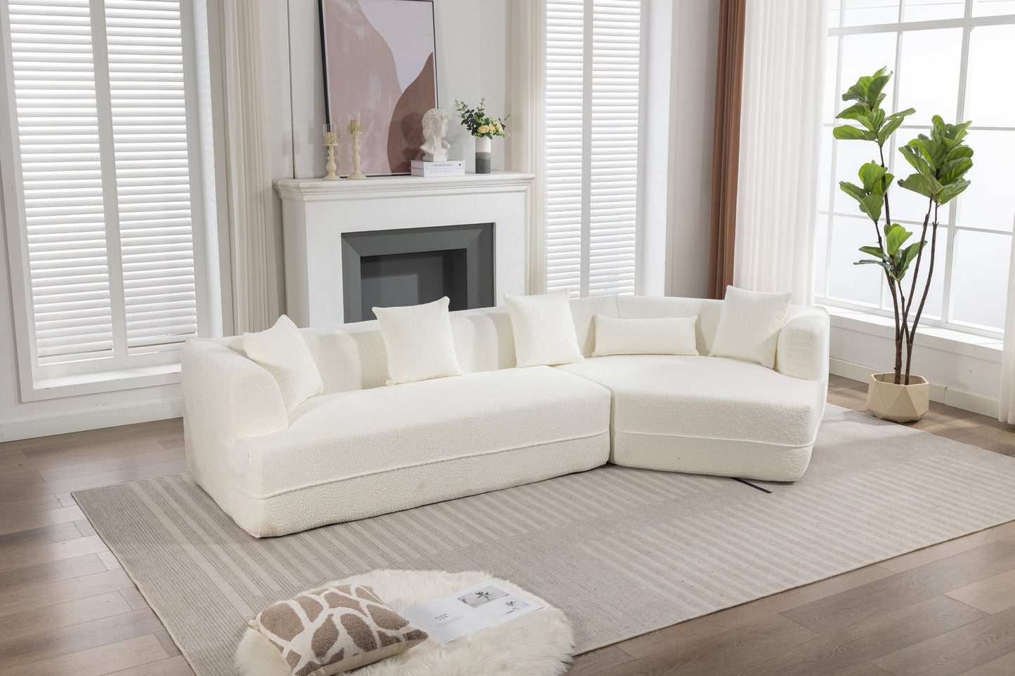 Modular Sectional Modern Minimalist Boucle Sofa, White or Beige 125" - Revel Sofa 