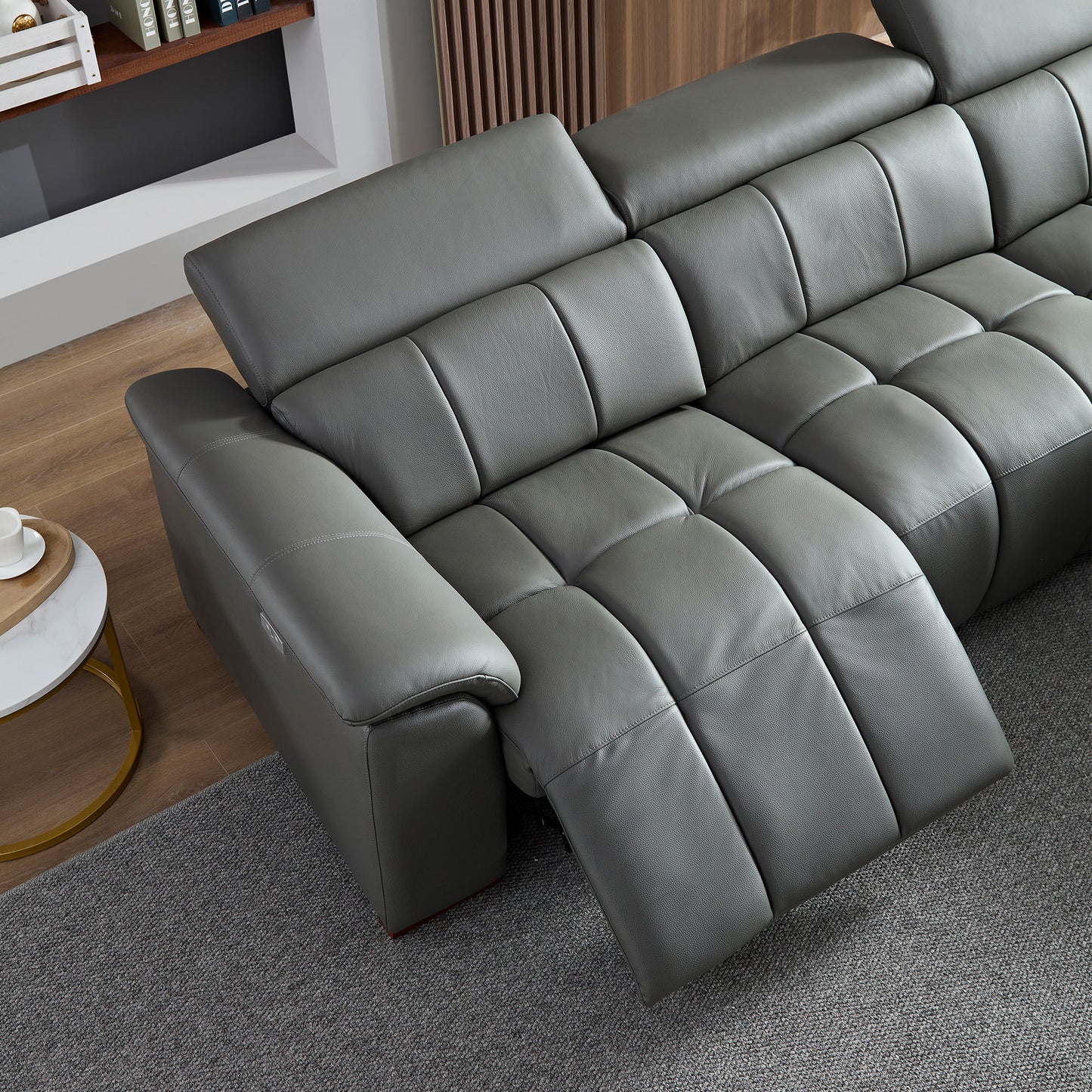 Modern Leather Chaise Sectional Sofa w/ Adjustable Foot & Headrest 113" (2 Colors)