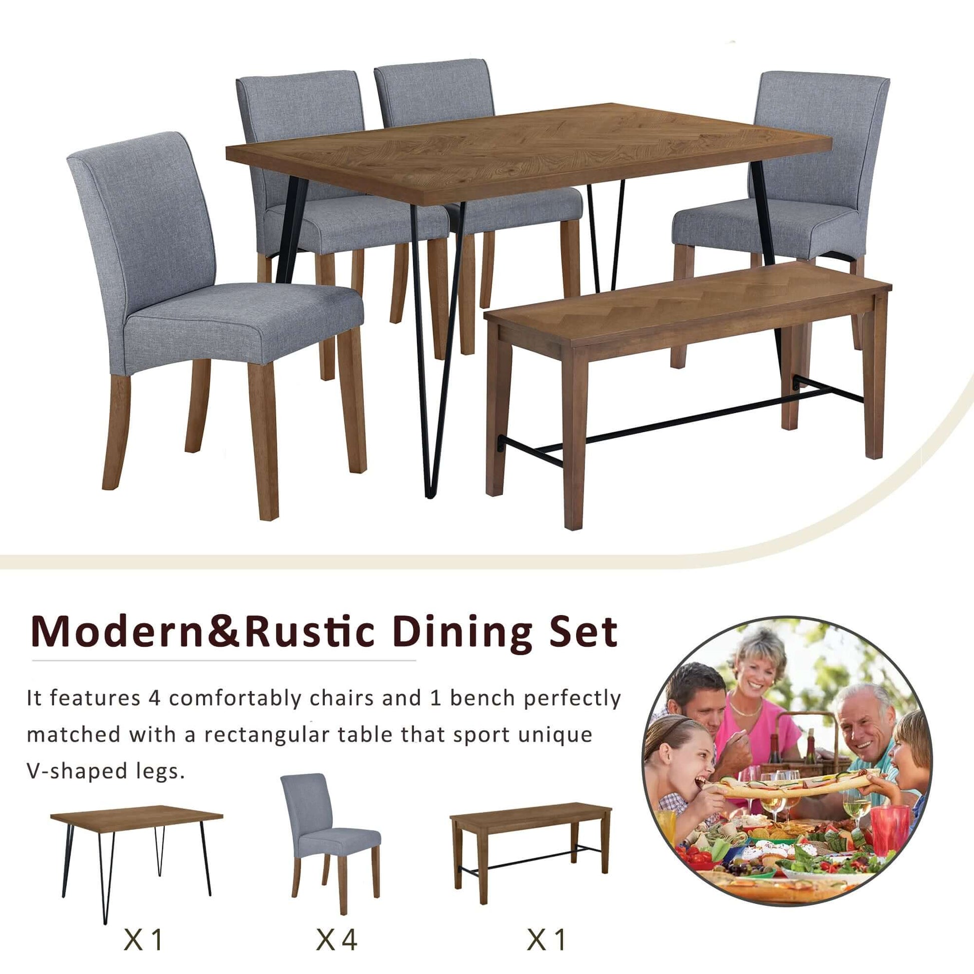 Modern Wood Dining Table Set 6 Pc: Table + 4 Upholstered Chairs + 1 Bench - Revel Sofa 