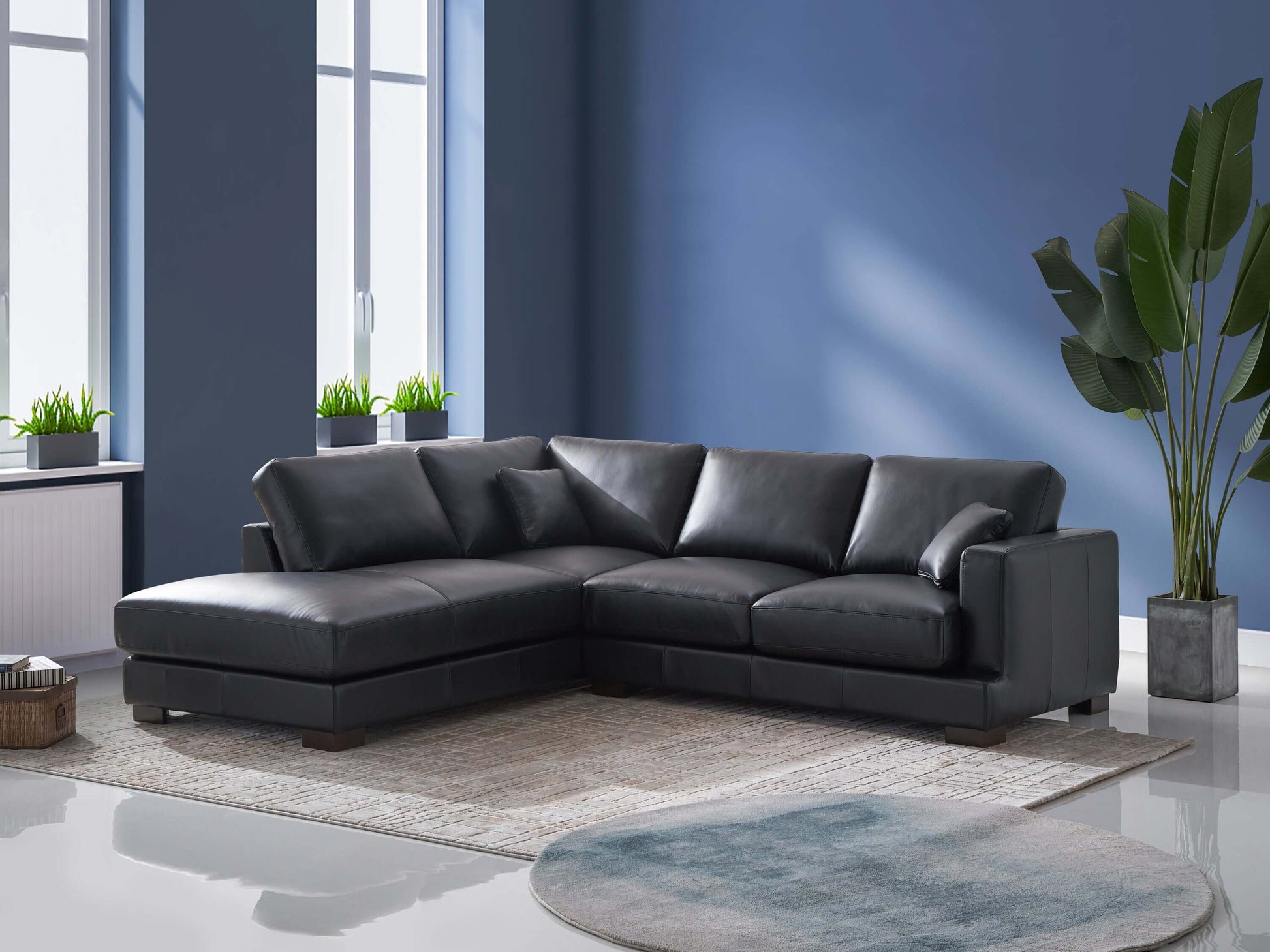 Geralyn Sectional Corner Chaise Sofa w/2 Throw Pillows, Genuine Leather Black - Revel Sofa 