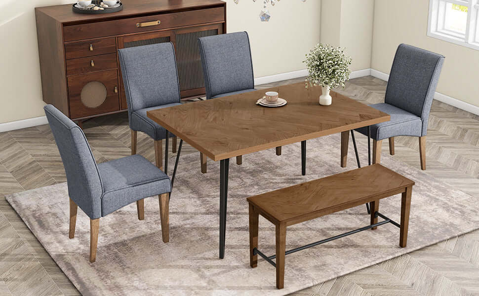 Modern Wood Dining Table Set 6 Pc: Table + 4 Upholstered Chairs + 1 Bench - Revel Sofa 